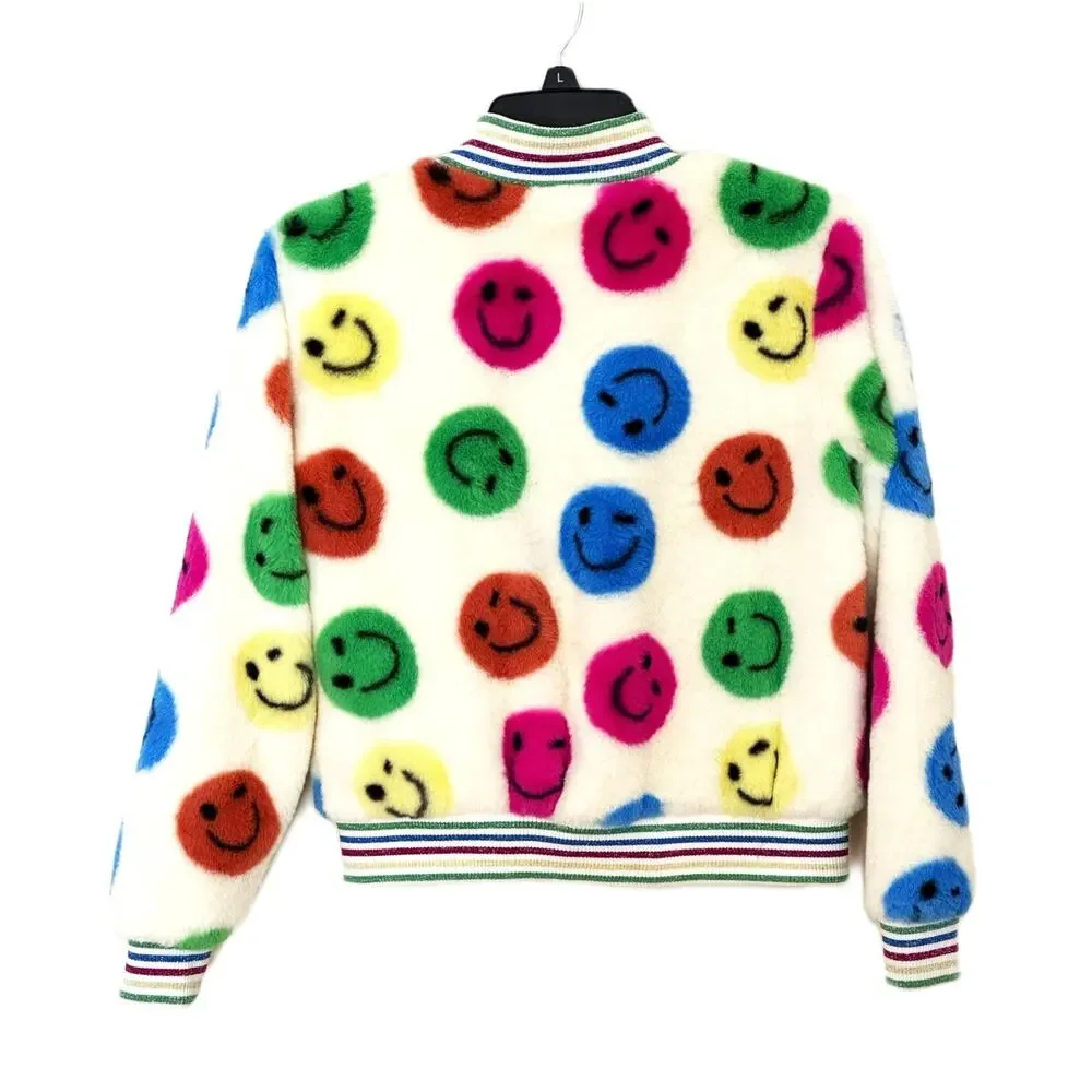 Tractr Big Girls Smiley Face Faux Fur Bomber Jacket L White Rainbow Plush Coat